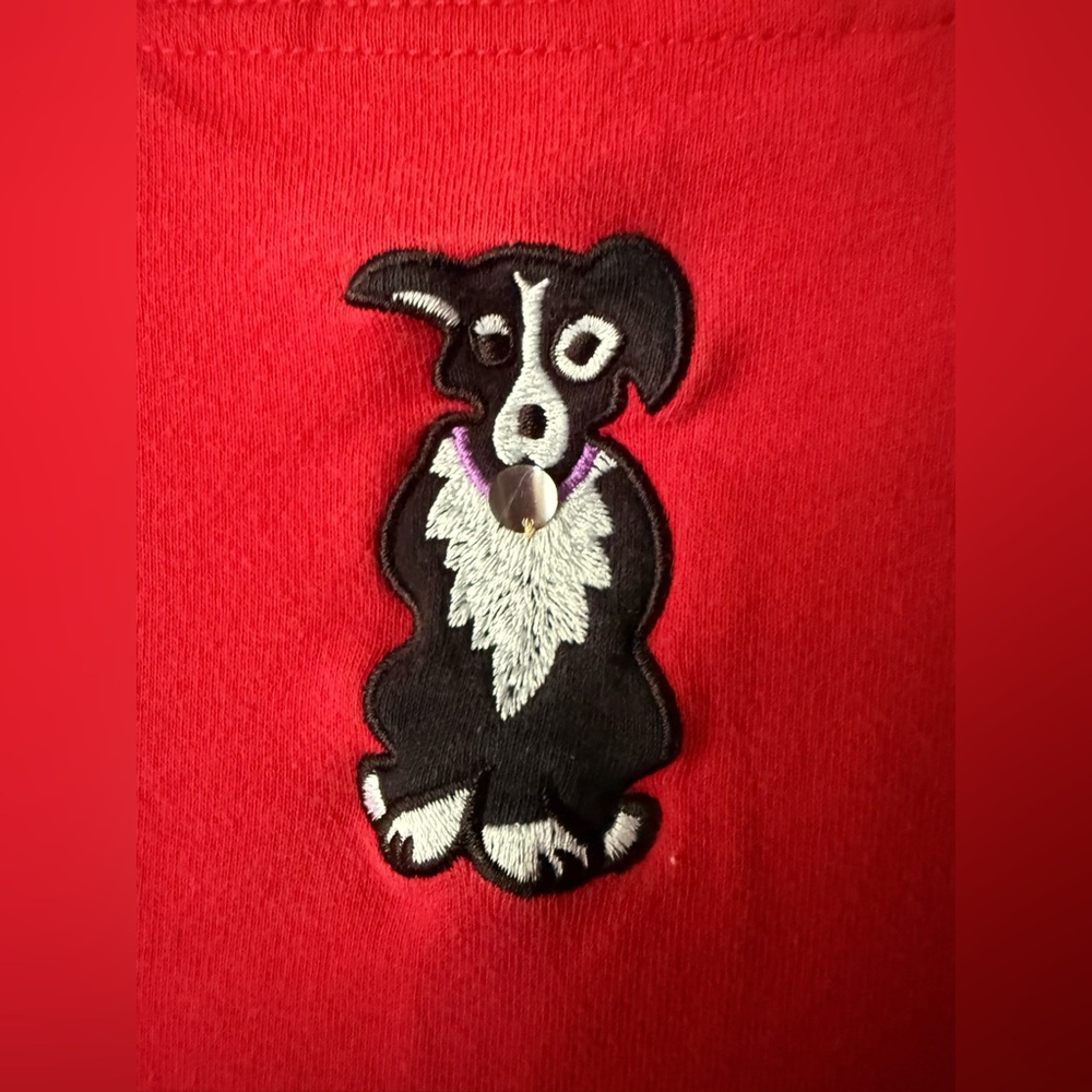 Bechamel Womens Cotton T-Shirt Red Short Sleeve Dog Embroidered Sz Petite Large - Picture 13 of 13